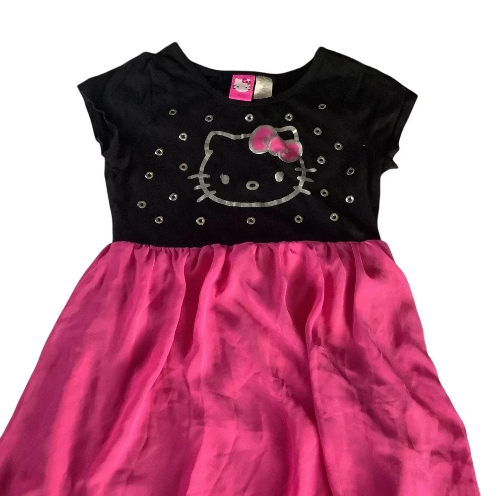 Hello Kitty Girls Dress Black Pink Hi‎ Lo Sparkle Sz L 10 12 Short Sleeve